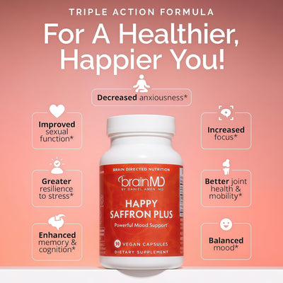 BRAINMD Dr Amen Happy Saffron Plus - 90 Capsules - with Saffron Flower Extract, Curcumin & Zinc - Vegan, Gluten Free - 30 Servings