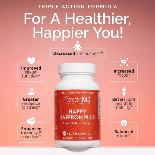 BRAINMD Dr Amen Happy Saffron Plus - 90 Capsules - with Saffron Flower Extract, Curcumin & Zinc - Vegan, Gluten Free - 30 Servings