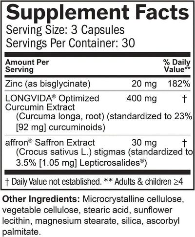 BRAINMD Dr Amen Happy Saffron Plus - 90 Capsules - with Saffron Flower Extract, Curcumin & Zinc - Vegan, Gluten Free - 30 Servings